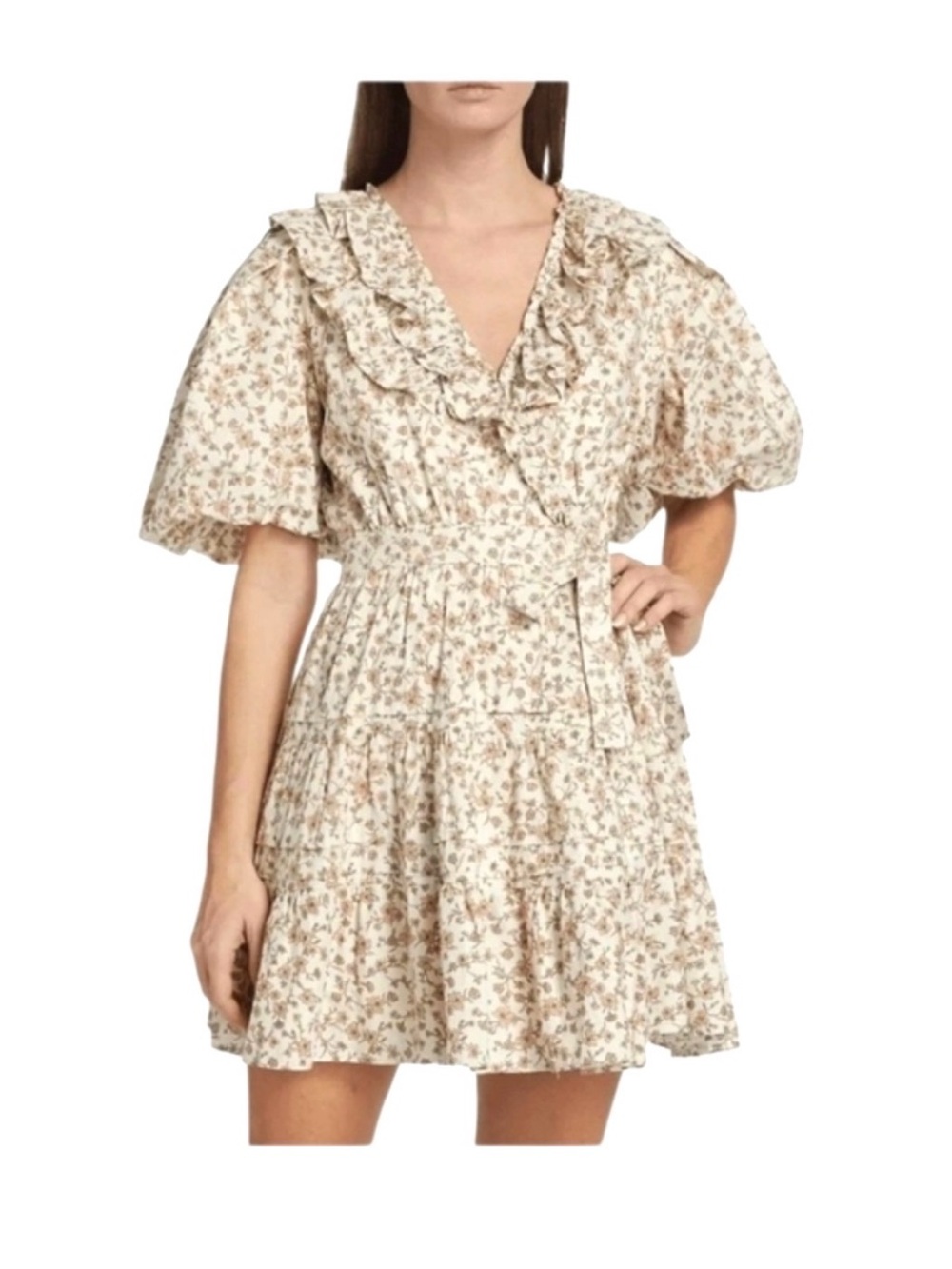 En Saison Cream Floral Wrap Midi Dress with Ruffle Collar